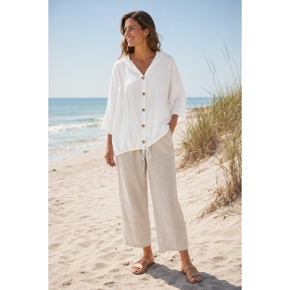 NWT Alice Rinaldi White Linen Top Hoodie Size Medium Button Drawstring Italy